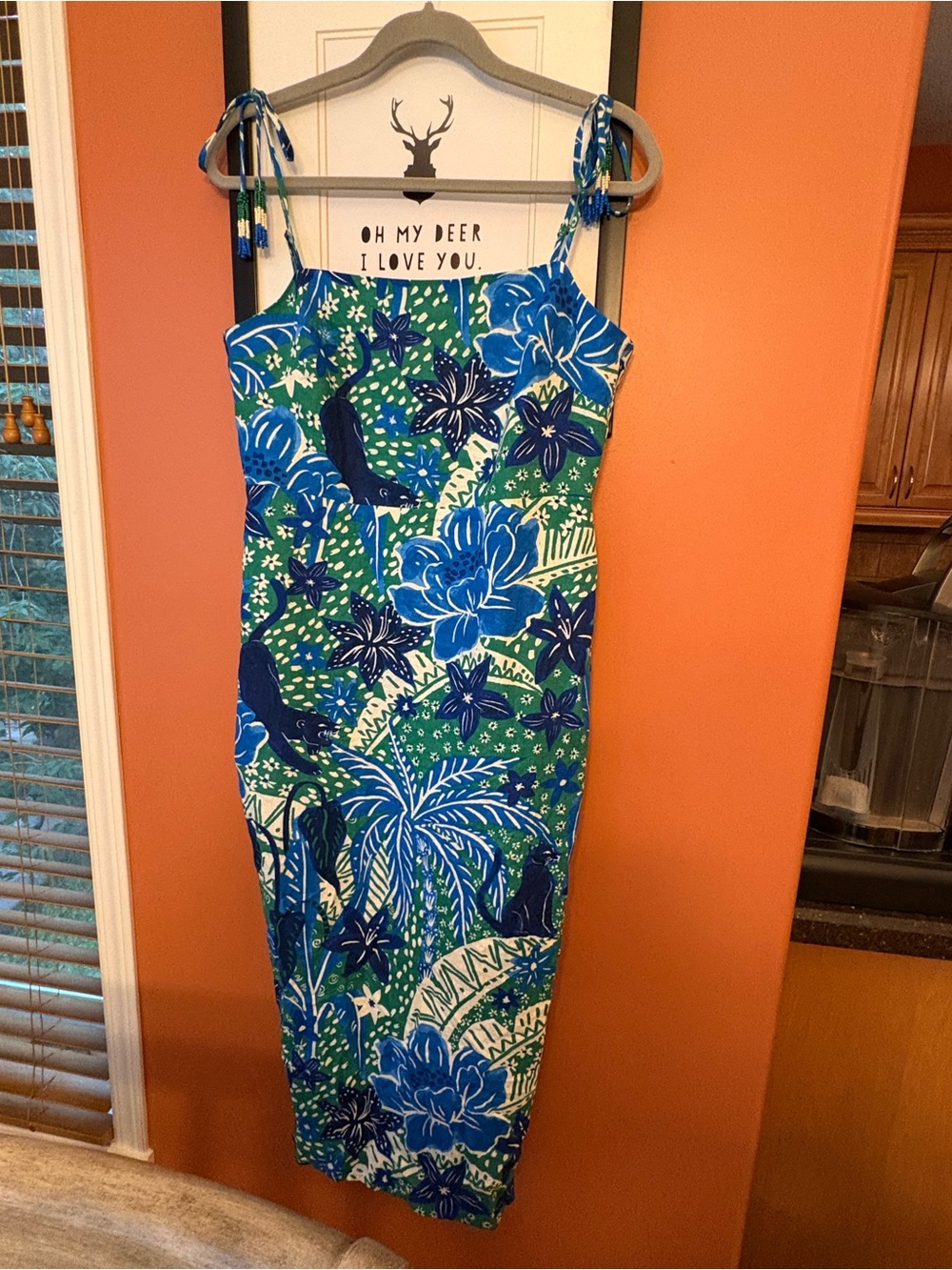NWT Rachel Zoe Linen Blend Tropical Floral Midi Dress Beaded Tie Straps Size M